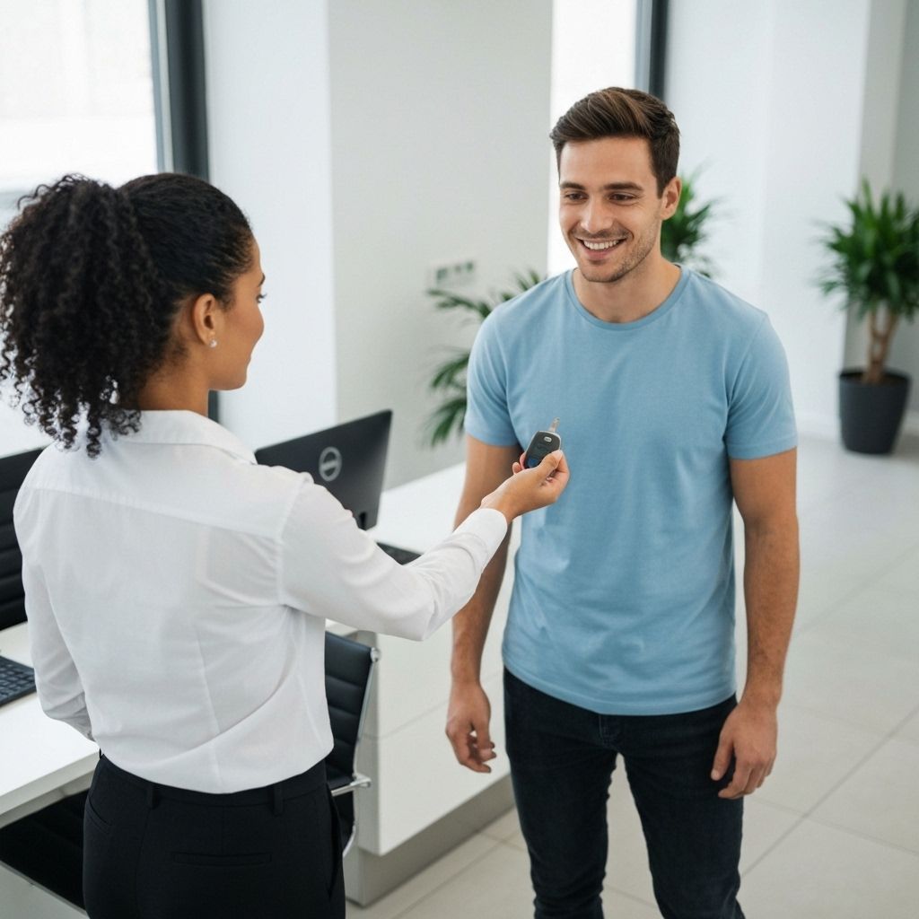 Rental agent handing car keys to a customer